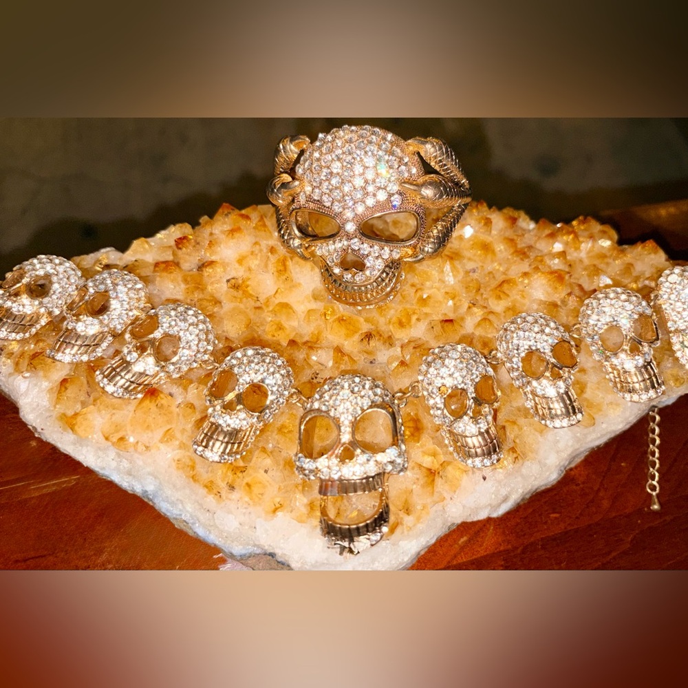 Gold Crystal Skull Ring and Pendant Set - Women's Jewelry